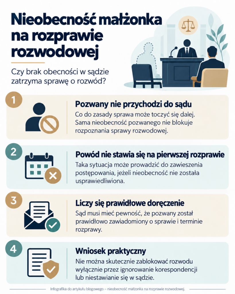 Nieobecność małżonka na rozprawie rozwodowej – skutki niestawiennictwa powoda lub pozwanego